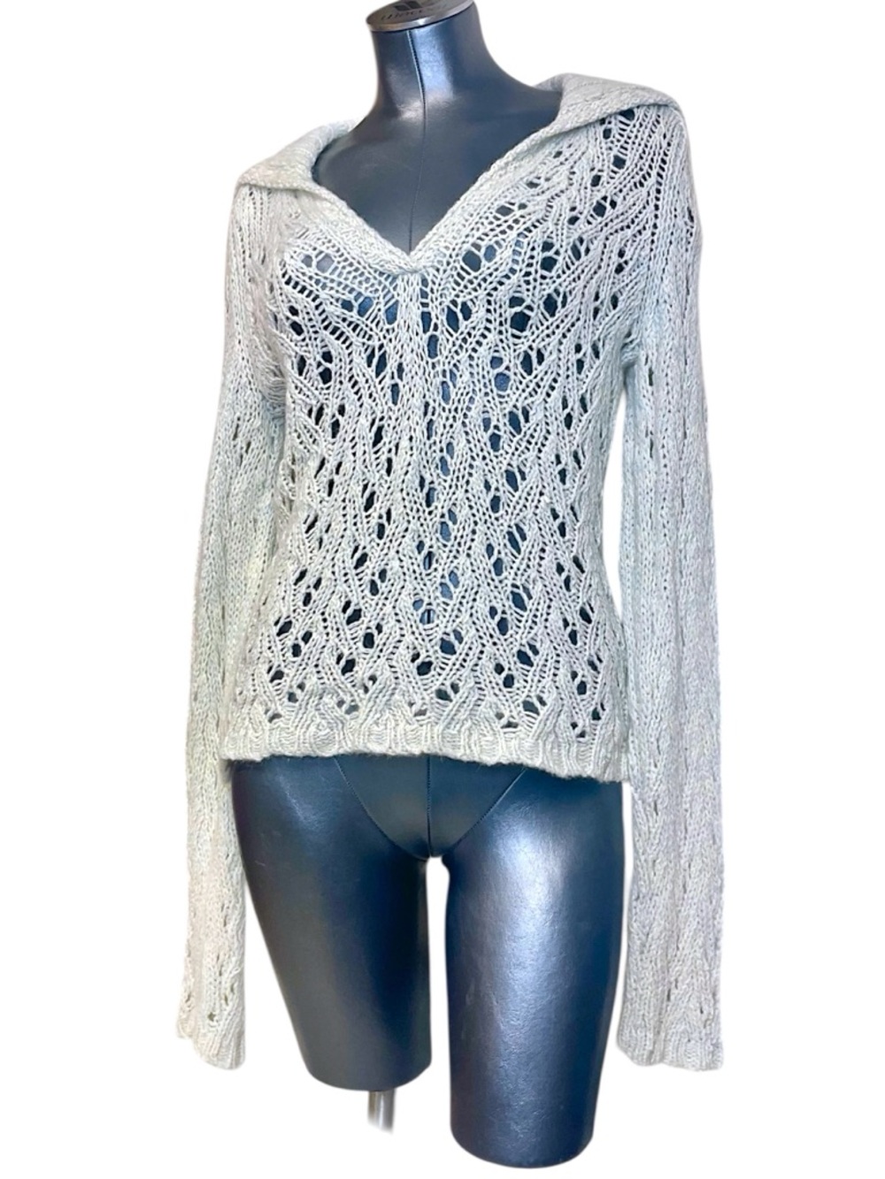 Y2K American Eagle Outfitters Angora Blend Open Knit Sweater Cream V Neck Tube